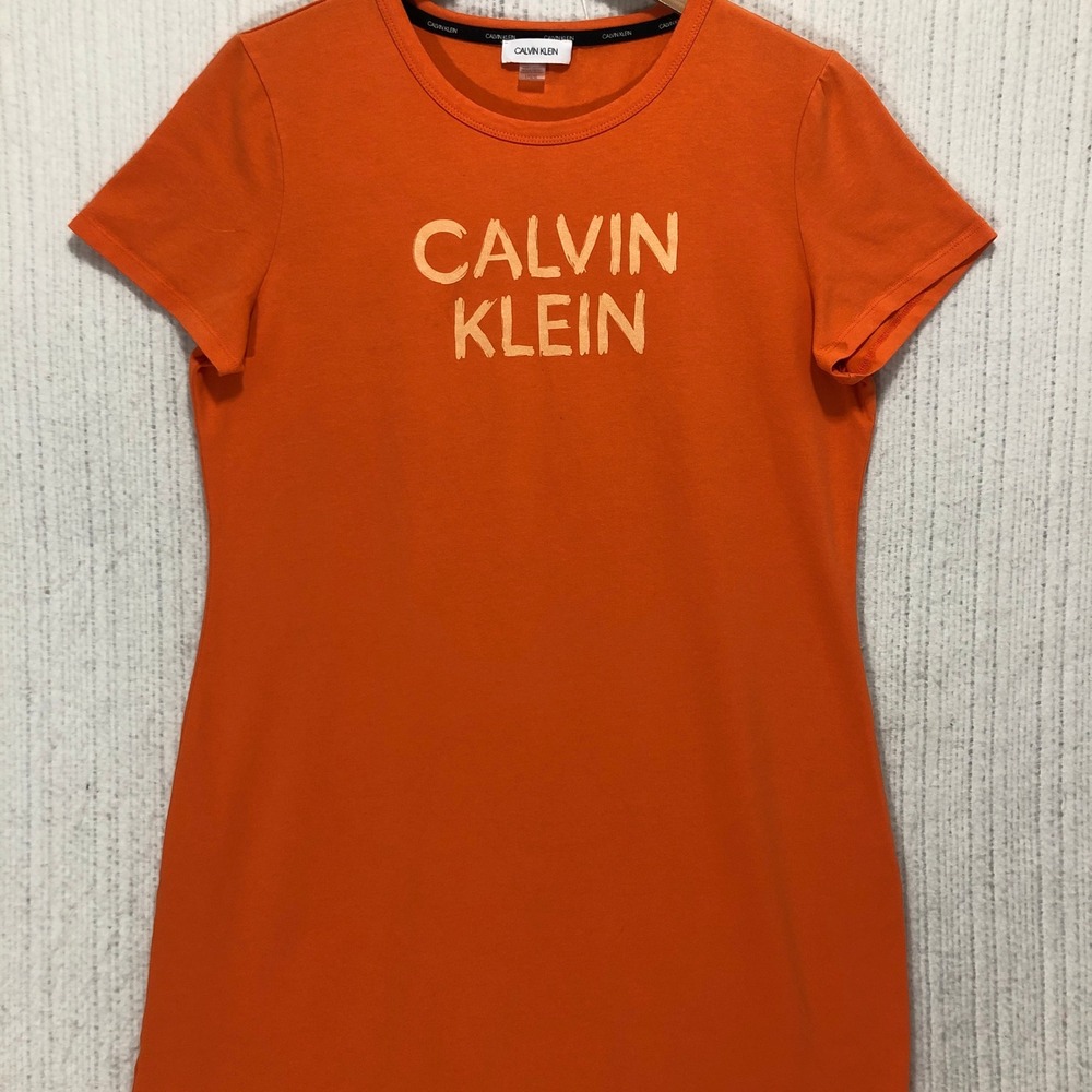 Calvin Klein Orange Crew Neck Short Sleeve T Shirt Dress Logo‎ Size Large